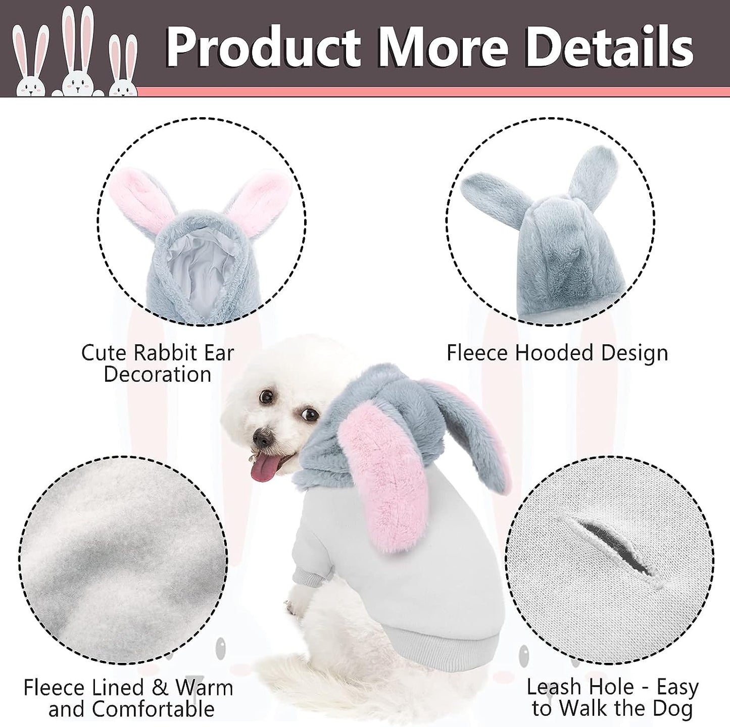 Bunny Dog Costume, Rabbit Shape Dog Hoodie with Ears, Soft Dog Sweatshirt Hooded Outfits for Halloween Christmas Easter Party, Puppy Cat Warm Winter Pullover Pet Clothes for Small Medium Dog