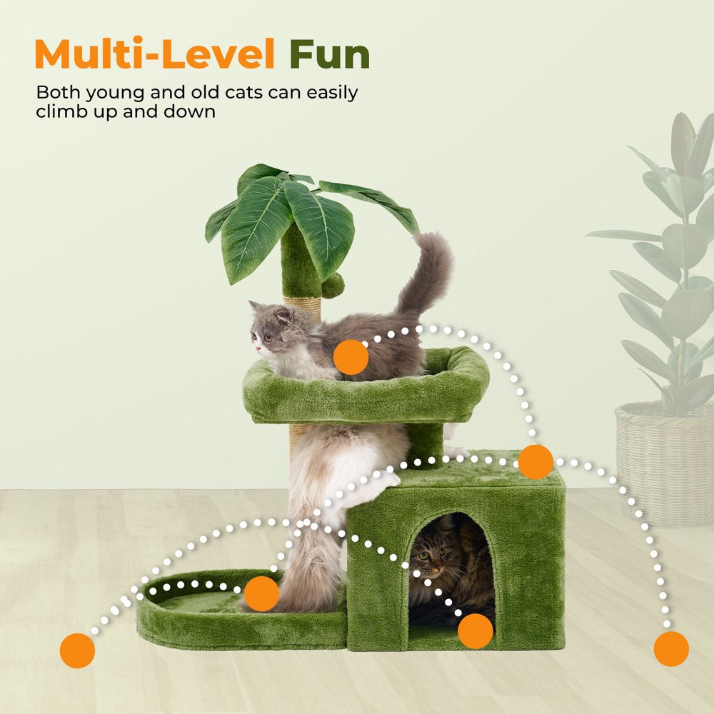 31.5" Cat Tree Cat Tower for Indoor Cats with Green Leaves, Cat Condo Cozy Plush Cat House with Hang Ball and Leaf Shape Design, Cat Furniture Pet House with Cat Scratching Posts,Beige